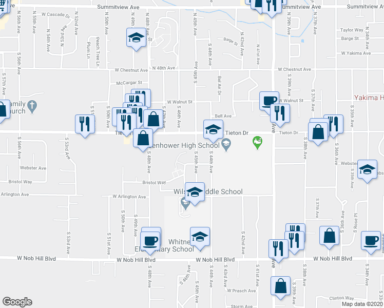 map of restaurants, bars, coffee shops, grocery stores, and more near 612 South 45th Avenue in Yakima