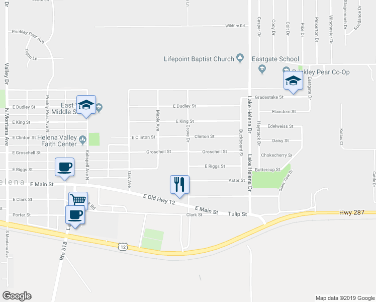 map of restaurants, bars, coffee shops, grocery stores, and more near Old Lake Helena Drive in East Helena