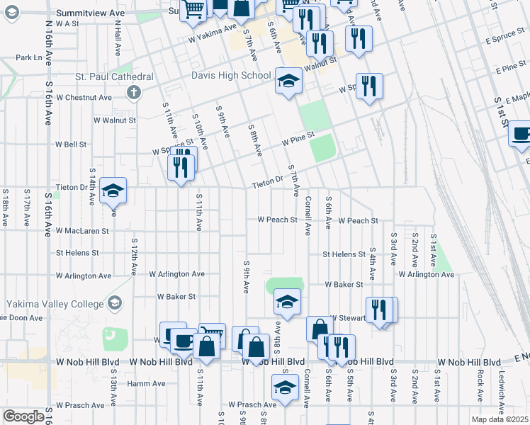 map of restaurants, bars, coffee shops, grocery stores, and more near 614 South 8th Avenue in Yakima