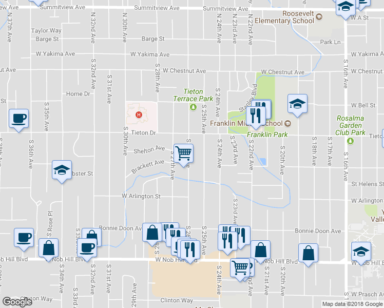 map of restaurants, bars, coffee shops, grocery stores, and more near 613 South 26th Avenue in Yakima