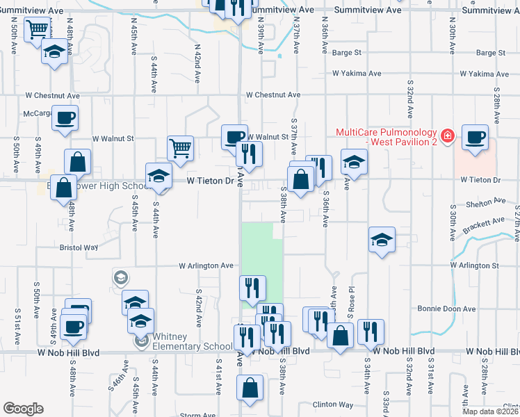 map of restaurants, bars, coffee shops, grocery stores, and more near 3904 Meadow Lane in Yakima
