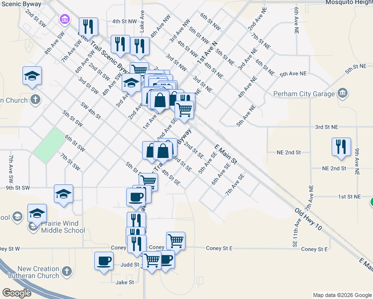 map of restaurants, bars, coffee shops, grocery stores, and more near 344 2nd Street Northwest in Perham