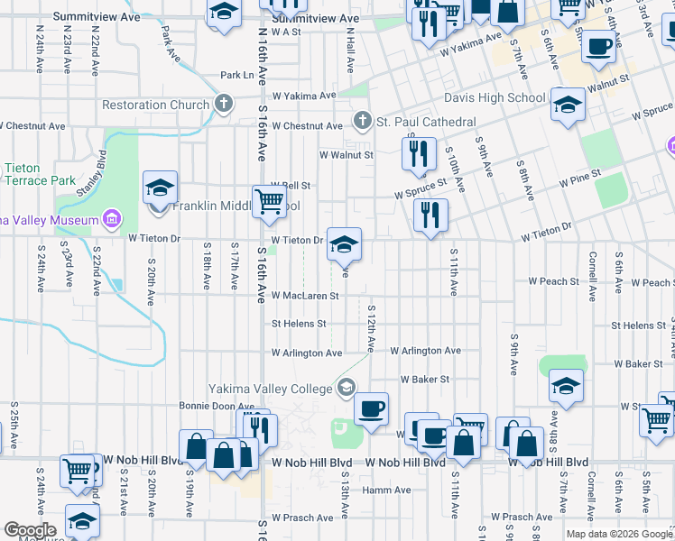 map of restaurants, bars, coffee shops, grocery stores, and more near 614 South 13th Avenue in Yakima