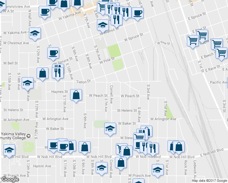 map of restaurants, bars, coffee shops, grocery stores, and more near 613 Cornell Ave in Yakima