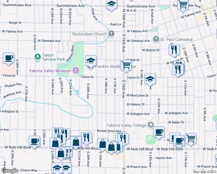 map of restaurants, bars, coffee shops, grocery stores, and more near 613 South 18th Avenue in Yakima