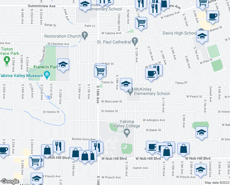 map of restaurants, bars, coffee shops, grocery stores, and more near 614 South 14th Avenue in Yakima