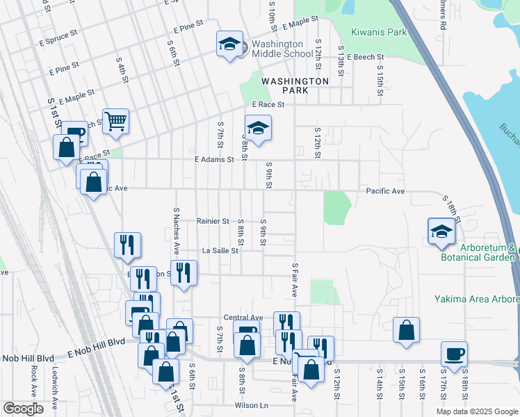 map of restaurants, bars, coffee shops, grocery stores, and more near 912 South 9th Street in Yakima