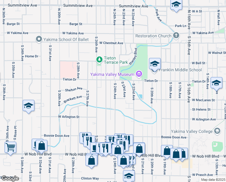 map of restaurants, bars, coffee shops, grocery stores, and more near 614 South 24th Avenue in Yakima