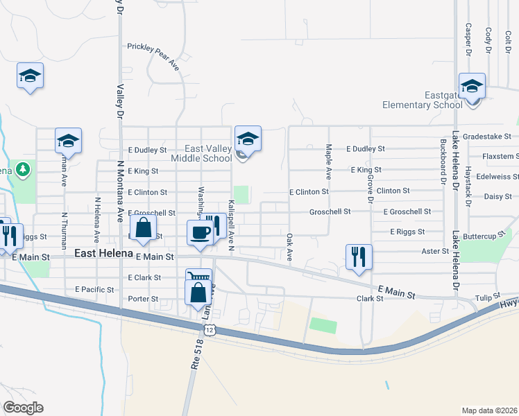 map of restaurants, bars, coffee shops, grocery stores, and more near 870 East Groschell Street in East Helena