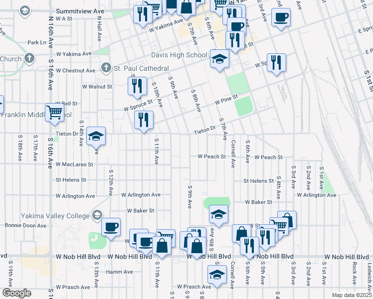 map of restaurants, bars, coffee shops, grocery stores, and more near 614 South 9th Avenue in Yakima
