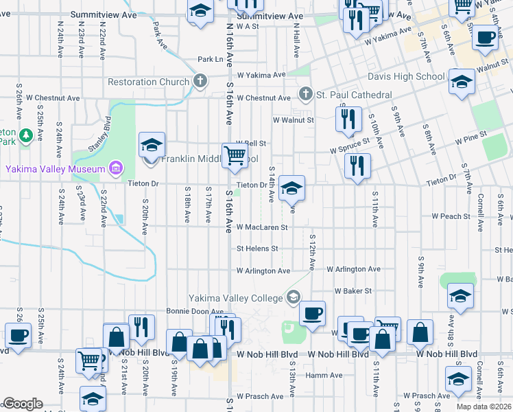 map of restaurants, bars, coffee shops, grocery stores, and more near 614 South 14th Avenue in Yakima