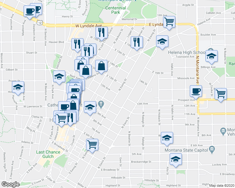 map of restaurants, bars, coffee shops, grocery stores, and more near 298 12th Street in Helena