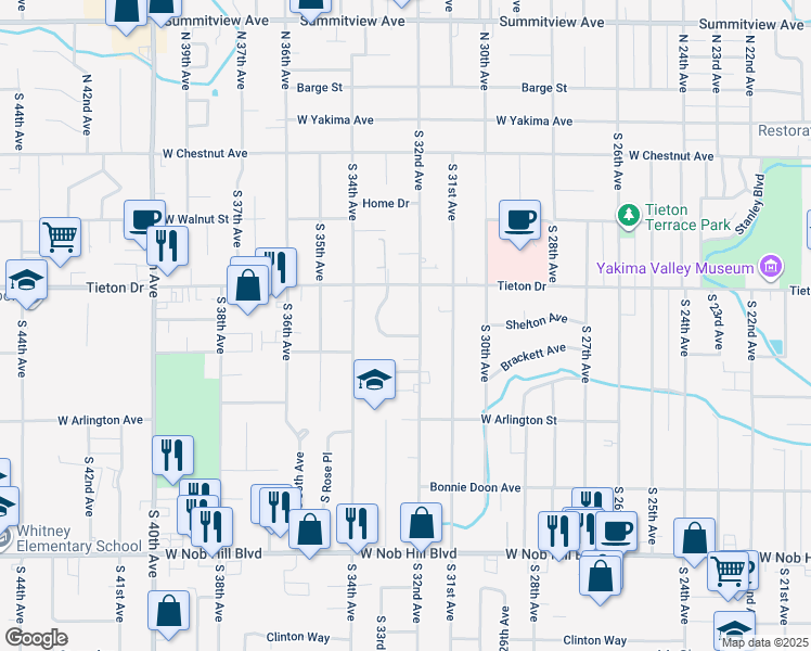 map of restaurants, bars, coffee shops, grocery stores, and more near 610 South 32nd Avenue in Yakima