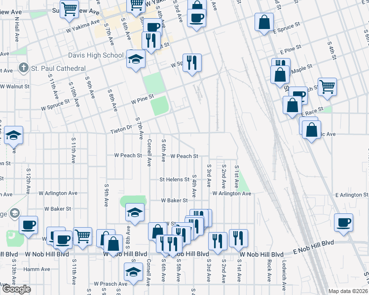 map of restaurants, bars, coffee shops, grocery stores, and more near 406 South Queen Ann Boulevard in Yakima