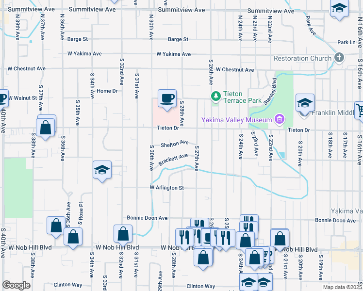map of restaurants, bars, coffee shops, grocery stores, and more near 2710 Shelton Avenue in Yakima