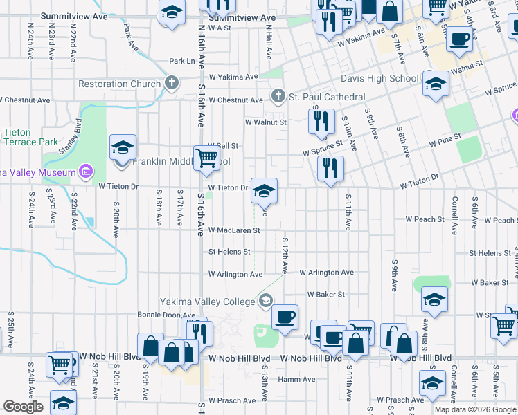 map of restaurants, bars, coffee shops, grocery stores, and more near 614 South 13th Avenue in Yakima