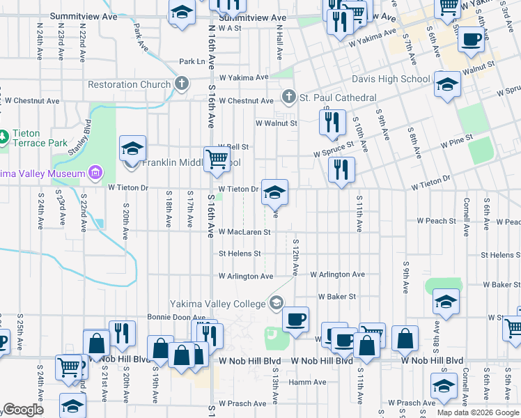 map of restaurants, bars, coffee shops, grocery stores, and more near 614 South 14th Avenue in Yakima