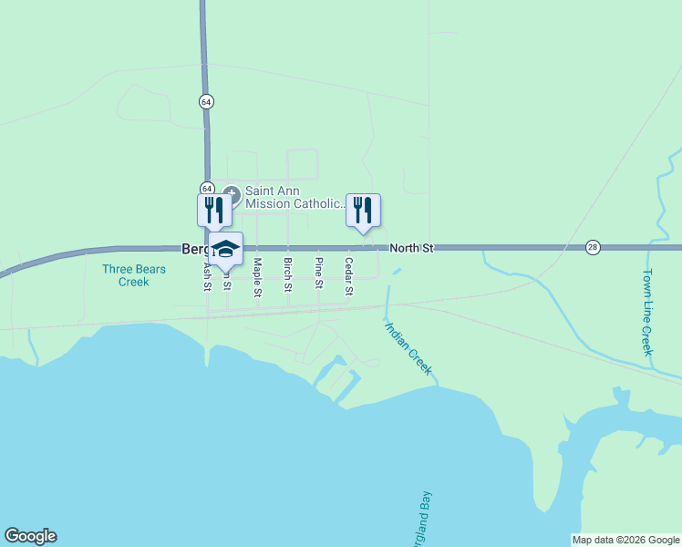 map of restaurants, bars, coffee shops, grocery stores, and more near 204 Cedar Street in Bergland