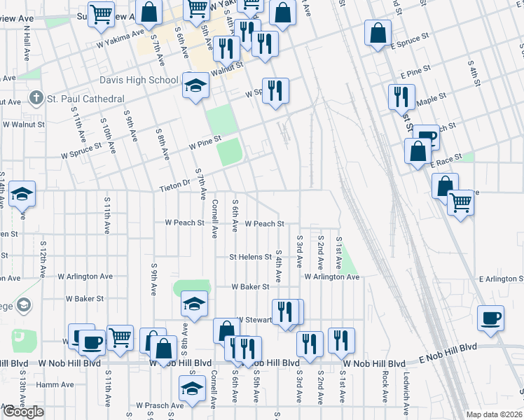 map of restaurants, bars, coffee shops, grocery stores, and more near 406 Queen Anne Boulevard in Yakima