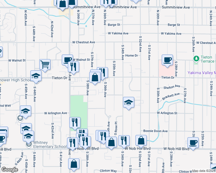 map of restaurants, bars, coffee shops, grocery stores, and more near 613 South 36th Avenue in Yakima