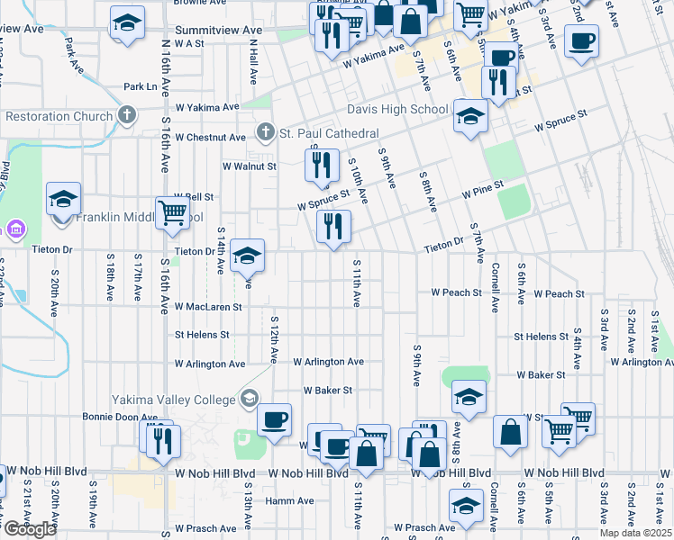 map of restaurants, bars, coffee shops, grocery stores, and more near 613 1/2 Pleasant Avenue in Yakima