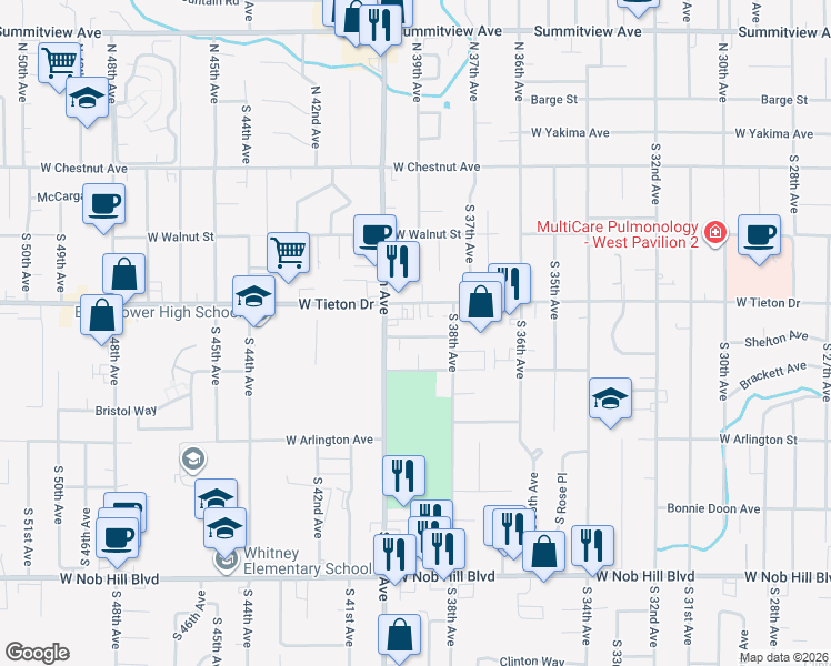 map of restaurants, bars, coffee shops, grocery stores, and more near 3904 Meadow Lane in Yakima