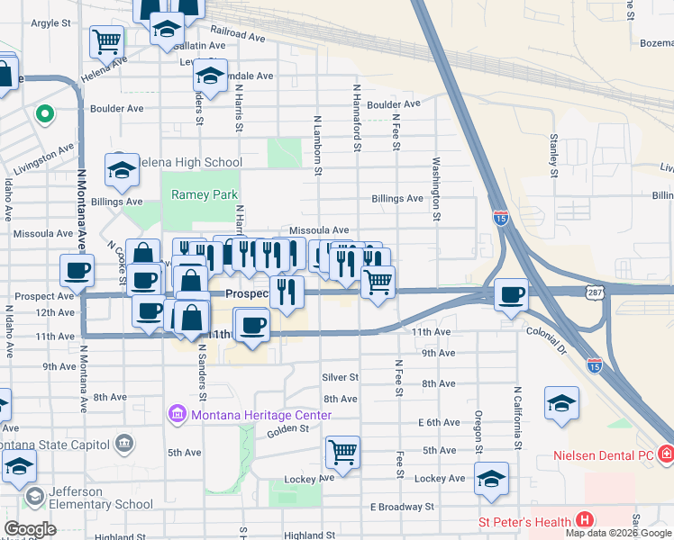 map of restaurants, bars, coffee shops, grocery stores, and more near 1820 Prospect Avenue in Helena