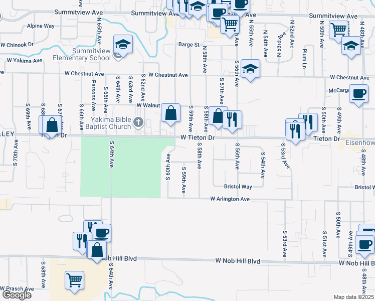 map of restaurants, bars, coffee shops, grocery stores, and more near 5901 Maclaren Street in Yakima