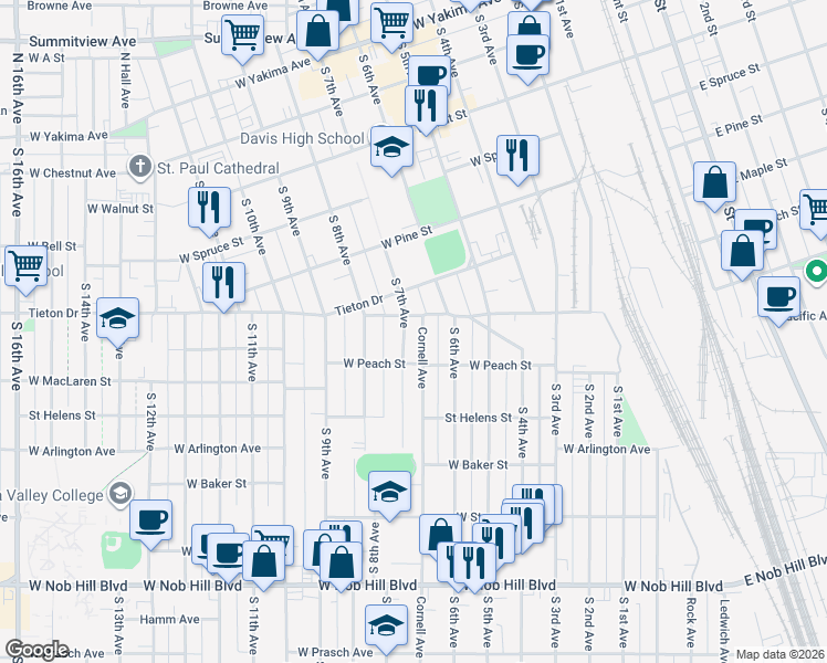 map of restaurants, bars, coffee shops, grocery stores, and more near 613 Cornell Avenue in Yakima