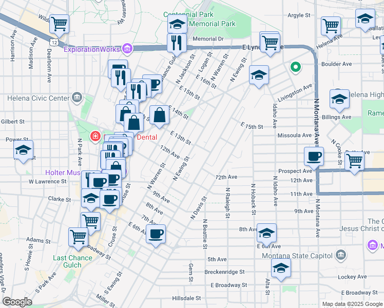 map of restaurants, bars, coffee shops, grocery stores, and more near 647 North Ewing Street in Helena