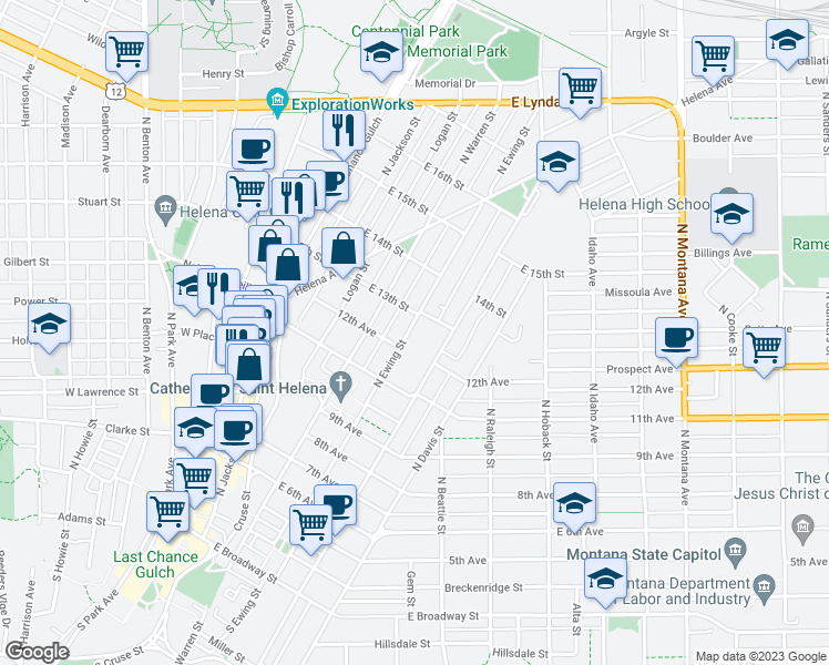 map of restaurants, bars, coffee shops, grocery stores, and more near 649 North Ewing Street in Helena