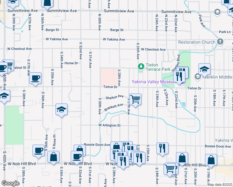 map of restaurants, bars, coffee shops, grocery stores, and more near 2710 Shelton Ave in Yakima