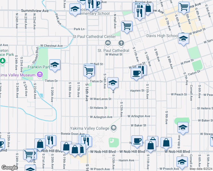 map of restaurants, bars, coffee shops, grocery stores, and more near 605 South 14th Avenue in Yakima