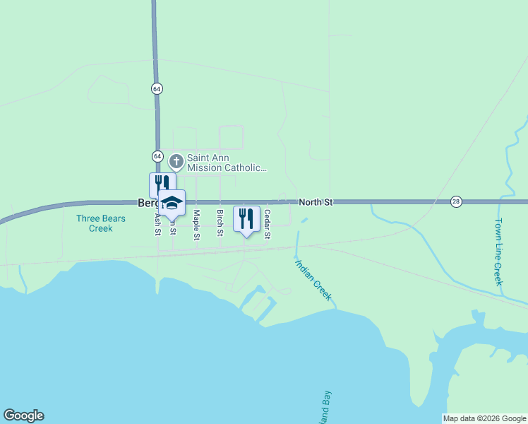 map of restaurants, bars, coffee shops, grocery stores, and more near 204 Cedar Street in Bergland