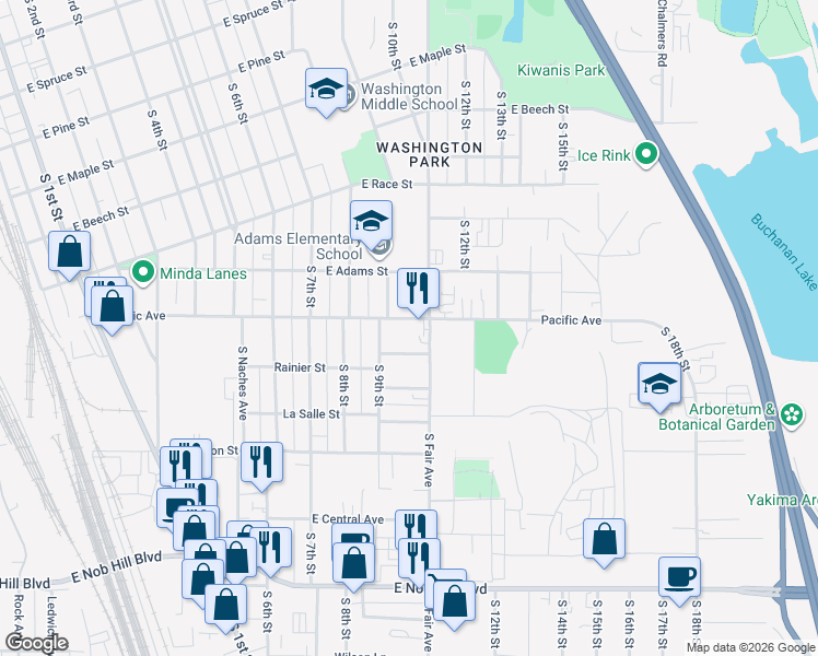 map of restaurants, bars, coffee shops, grocery stores, and more near 911 Rainier Street in Yakima