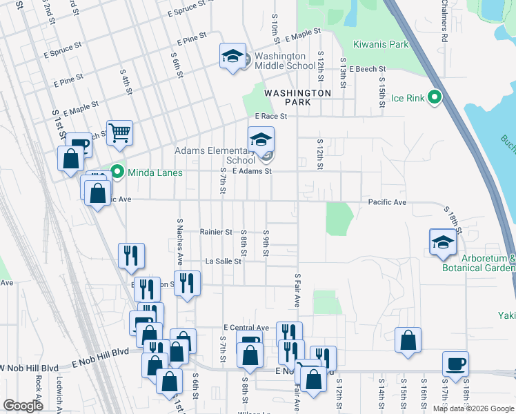 map of restaurants, bars, coffee shops, grocery stores, and more near 912 South 9th Street in Yakima