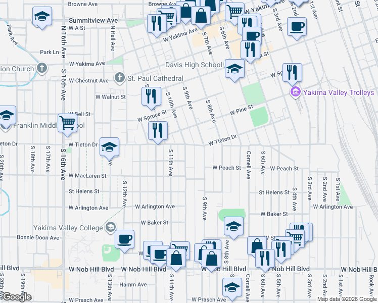 map of restaurants, bars, coffee shops, grocery stores, and more near 614-618 South 9th Avenue in Yakima