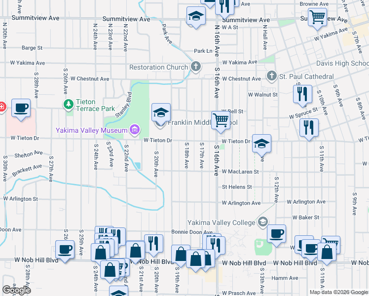 map of restaurants, bars, coffee shops, grocery stores, and more near 613 South 18th Avenue in Yakima