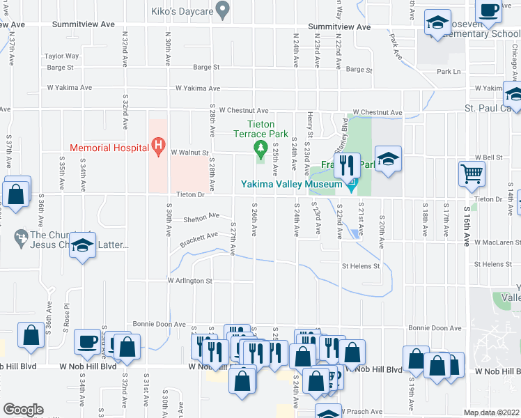 map of restaurants, bars, coffee shops, grocery stores, and more near 613 South 26th Avenue in Yakima