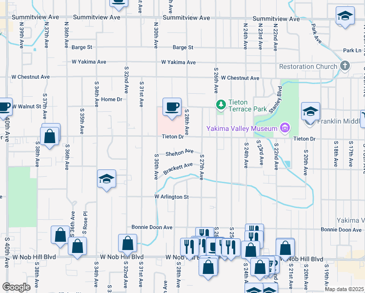map of restaurants, bars, coffee shops, grocery stores, and more near 2710 Shelton Ave in Yakima