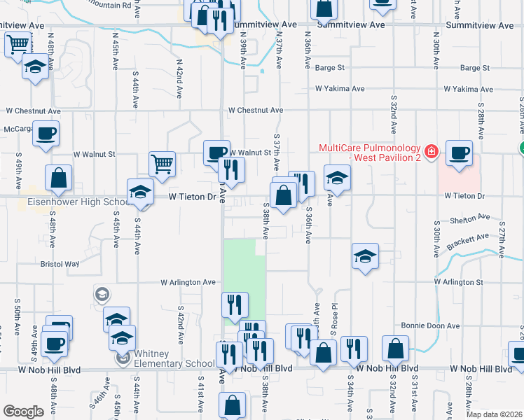 map of restaurants, bars, coffee shops, grocery stores, and more near 618 South 38th Avenue in Yakima