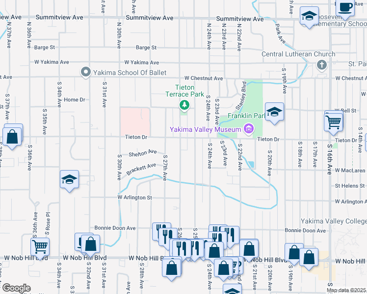 map of restaurants, bars, coffee shops, grocery stores, and more near 605 South 26th Avenue in Yakima