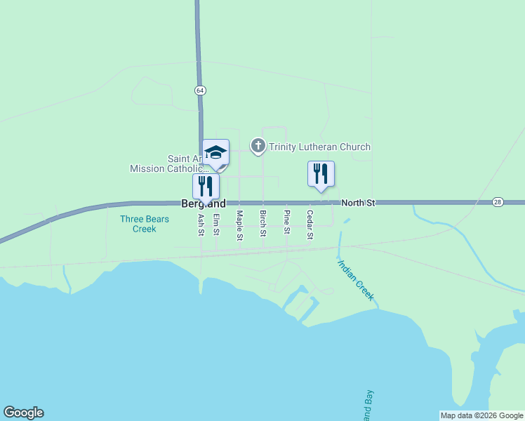 map of restaurants, bars, coffee shops, grocery stores, and more near 208 Birch Street in Bergland