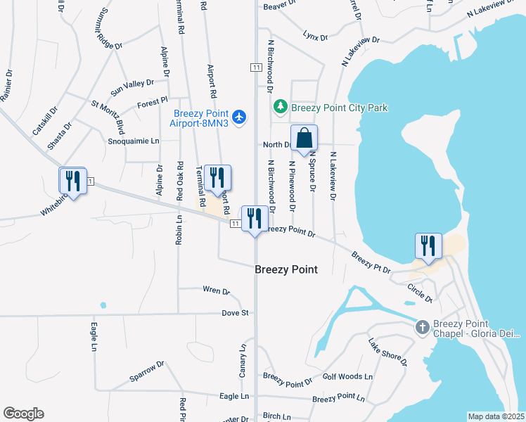 map of restaurants, bars, coffee shops, grocery stores, and more near 30305 North Birchwood Drive in Pequot Lakes