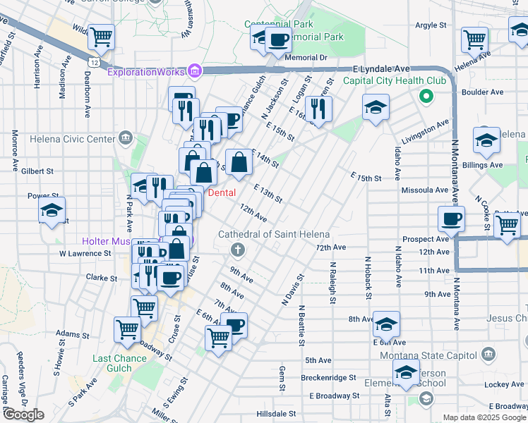 map of restaurants, bars, coffee shops, grocery stores, and more near 616 North Ewing Street in Helena