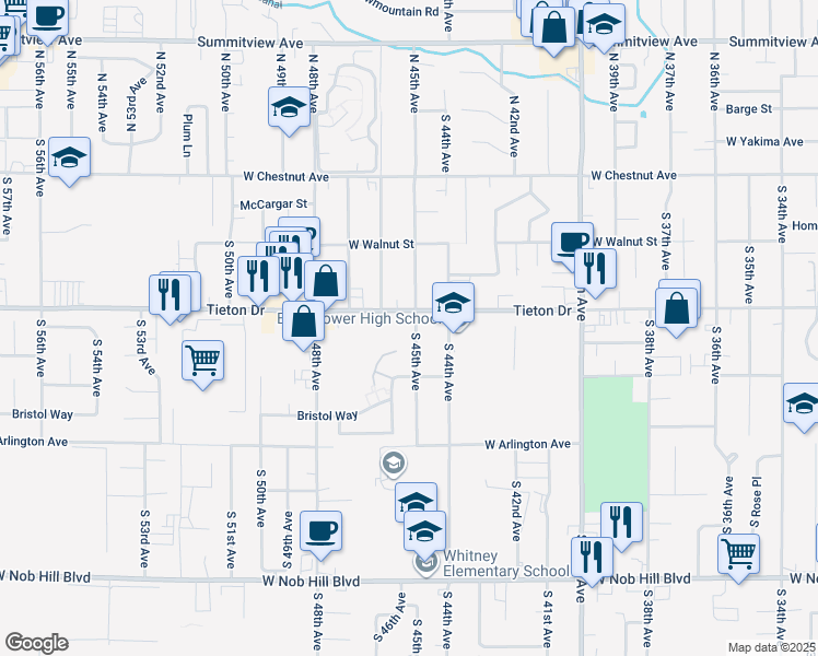 map of restaurants, bars, coffee shops, grocery stores, and more near 612 South 45th Avenue in Yakima