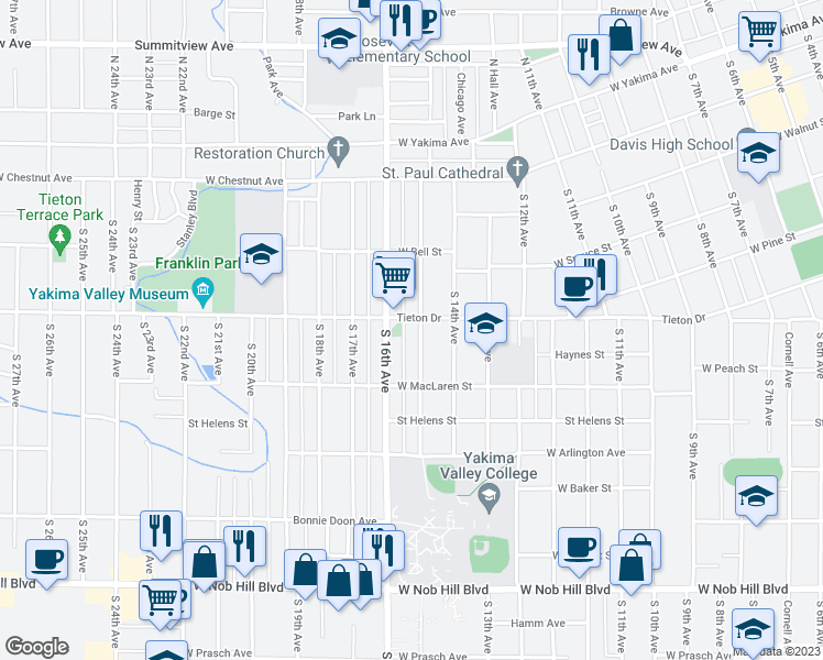 map of restaurants, bars, coffee shops, grocery stores, and more near 604 South 15th Avenue in Yakima