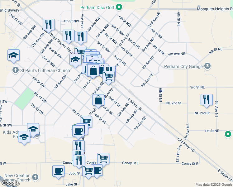 map of restaurants, bars, coffee shops, grocery stores, and more near 323 East Main Street in Perham