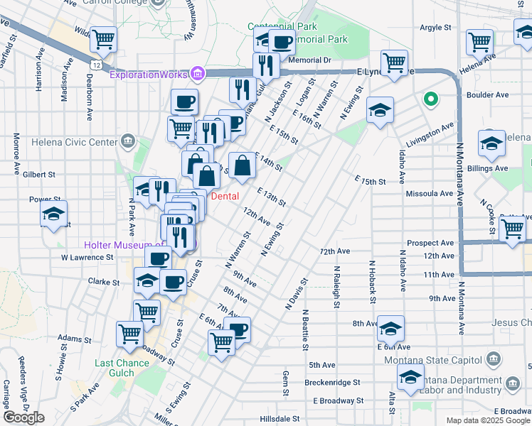map of restaurants, bars, coffee shops, grocery stores, and more near 655 North Warren Street in Helena