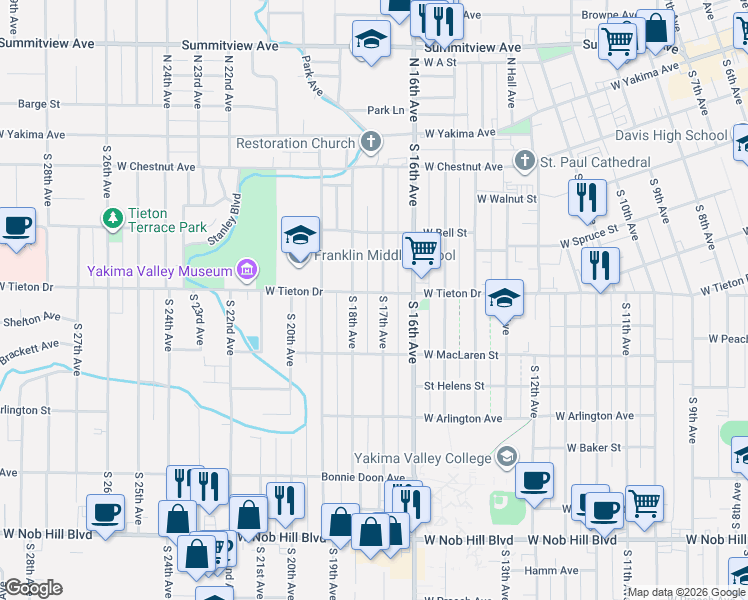 map of restaurants, bars, coffee shops, grocery stores, and more near 419 South 18th Avenue in Yakima